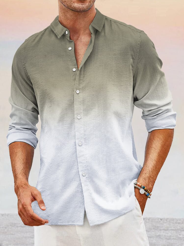 Casual Gradient Splicing Cotton Linen Shirt