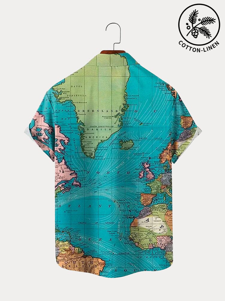 Stylish Map Pattern Cotton Linen Shirt